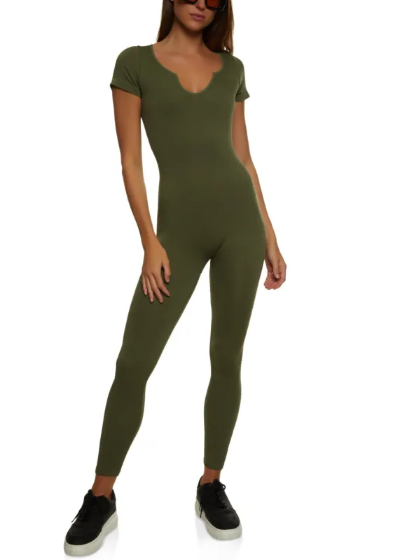 Compression Rib Notch Neck Catsuit sold by Rainbow