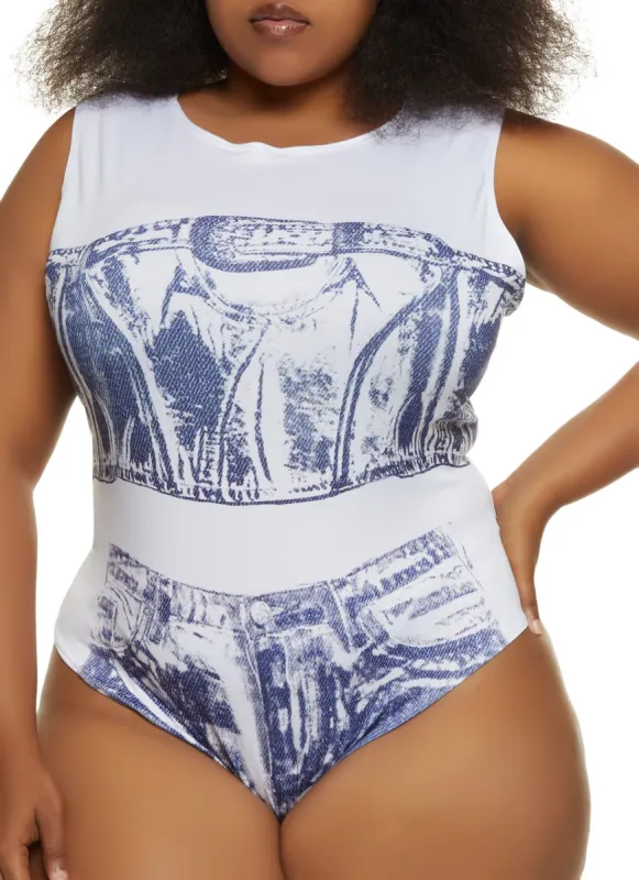 Plus Size Denim Print Bodysuit sold by Rainbow