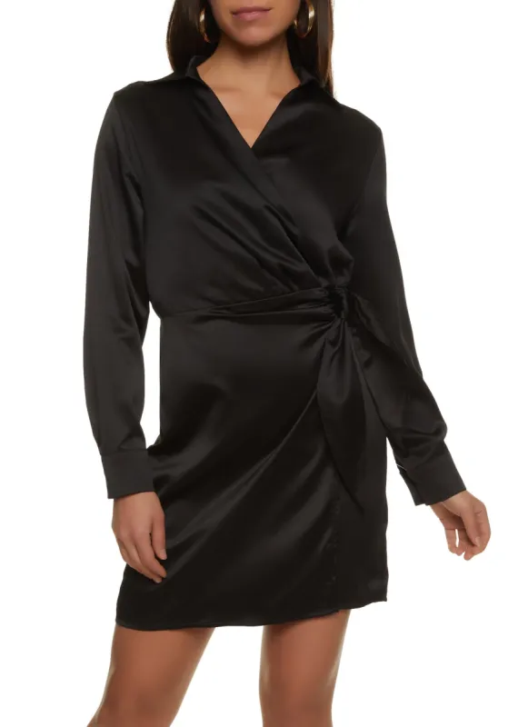 Satin Tie Side Long Sleeve Mini Wrap Dress sold by Rainbow