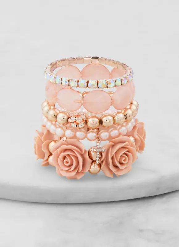 Set of 5 Rose Rhinestone Beaded Stretch Bracelets sold by Rainbow