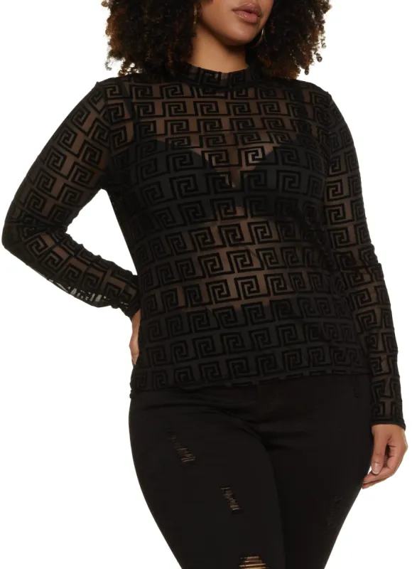 Plus Size Geometric Print Mesh Long Sleeve Top sold by Rainbow