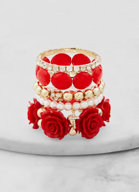 Set of 5 Rose Rhinestone Beaded Stretch Bracelets sold by Rainbow