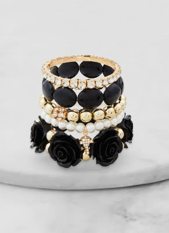 Set of 5 Rose Rhinestone Beaded Stretch Bracelets sold by Rainbow