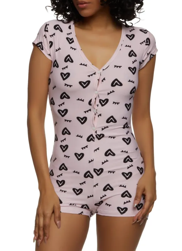 Heart Eyelash Graphic Print Pajama Romper sold by Rainbow