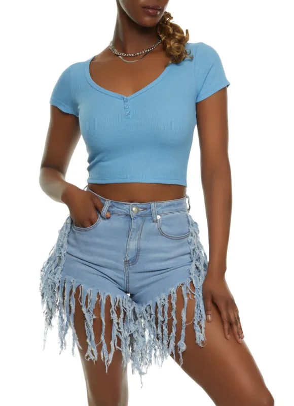 Textured Short Sleeve Cropped Henley Tee sold by Rainbow