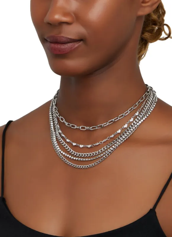 Metallic Layered Heart Rhinestone Chain Necklace sold by Rainbow