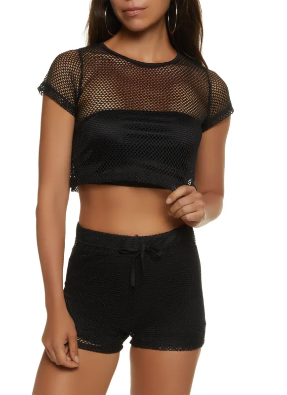 Fishnet Crew Neck Crop Top and Shorts sold by Rainbow