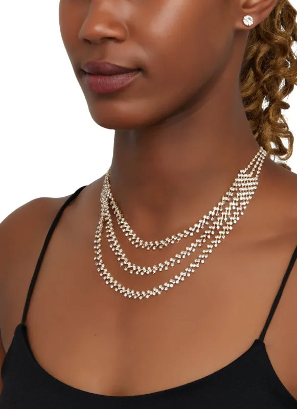 Rhinestone Layered Necklace and Stud Earrrings sold by Rainbow