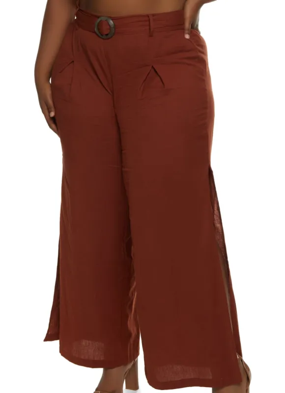 Plus Size Linen Side Slit Belted Pants sold by Rainbow