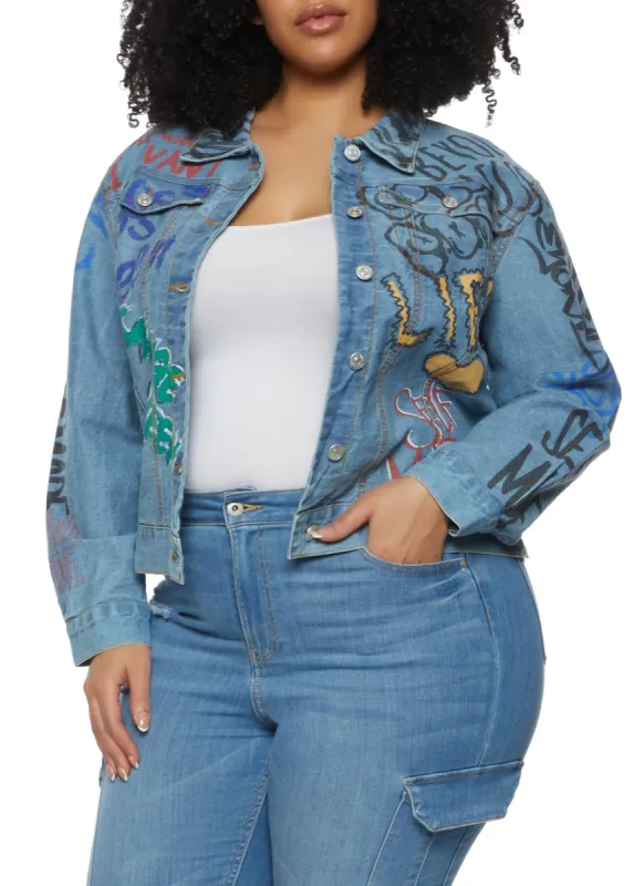Plus Size Graffiti Print Denim Jacket sold by Rainbow