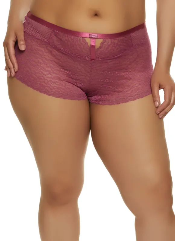 Plus Size Caged V Front Patterned Lace Boyshort Panty sold by Rainbow