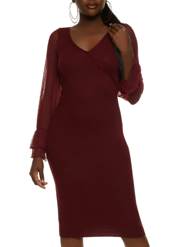 Mesh Tiered Bell Sleeve Ribbed Sweater Dress sold by Rainbow
