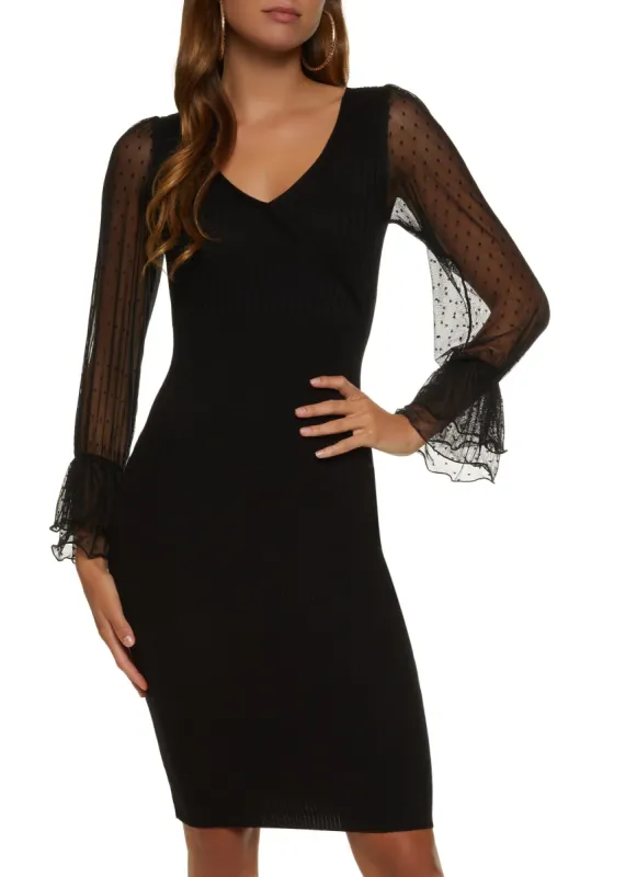 Mesh Tiered Bell Sleeve Ribbed Sweater Dress sold by Rainbow