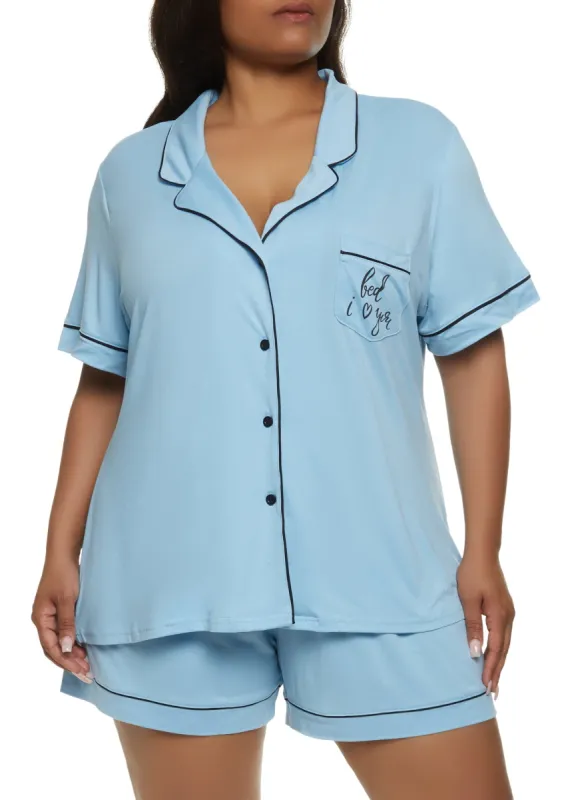Plus Size Graphic Notch Collar Pajama Shirt and Shorts sold by Rainbow