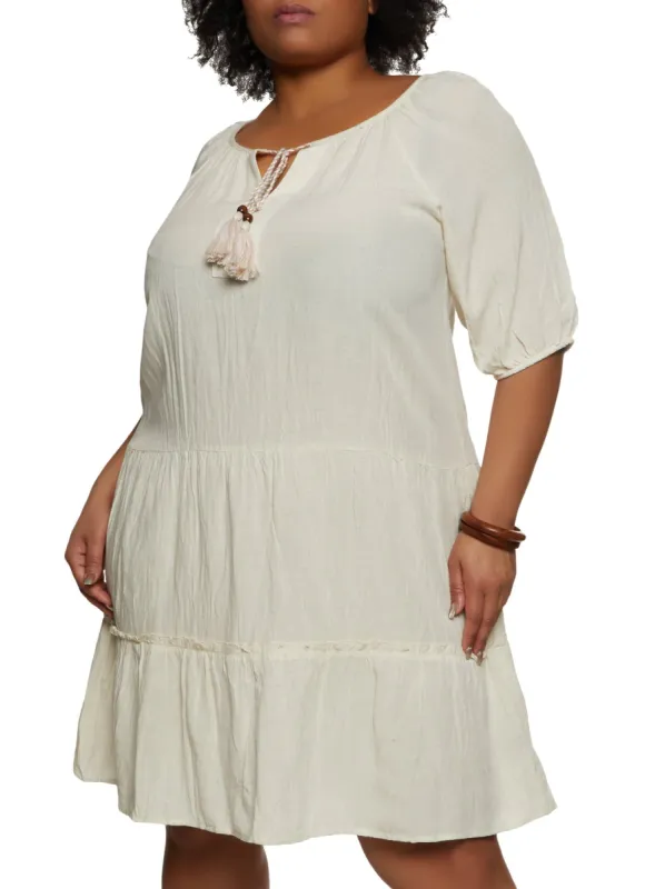 Plus Size Linen Tiered Shift Dress sold by Rainbow