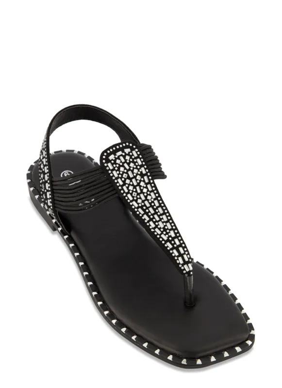 Studded Trim Rhinestone Corded Thong Sandals sold by Rainbow