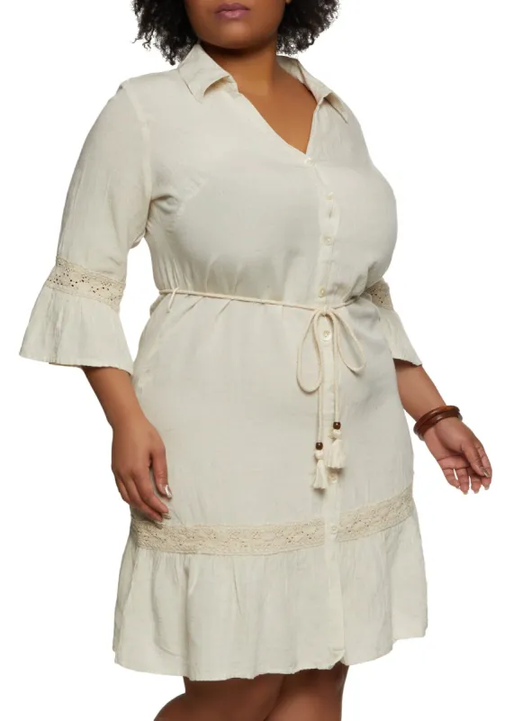 Plus Size Rope Belt Button Front Shirt Dress sold by Rainbow