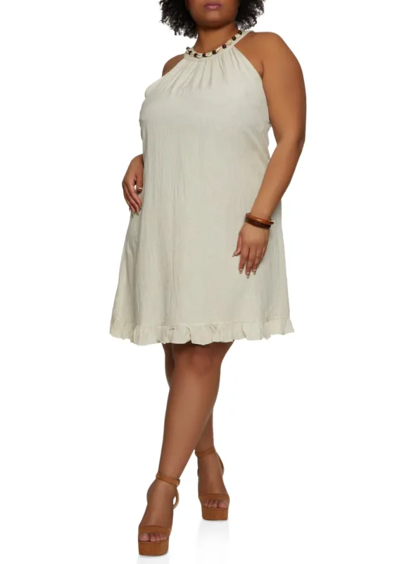 Plus Size Linen Beaded High Neck Shift Dress sold by Rainbow