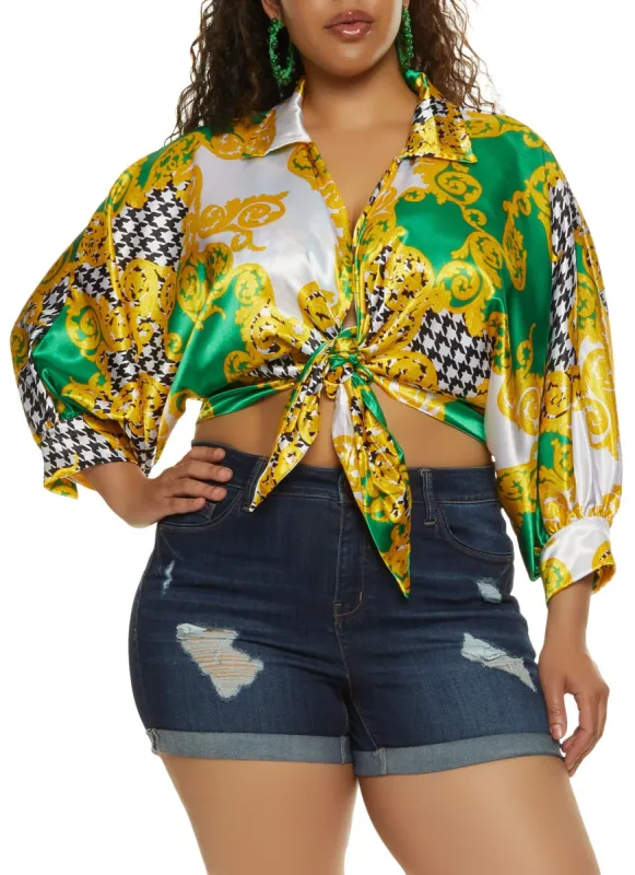 Plus Size Printed Satin Tie Front Blouse sold by Rainbow