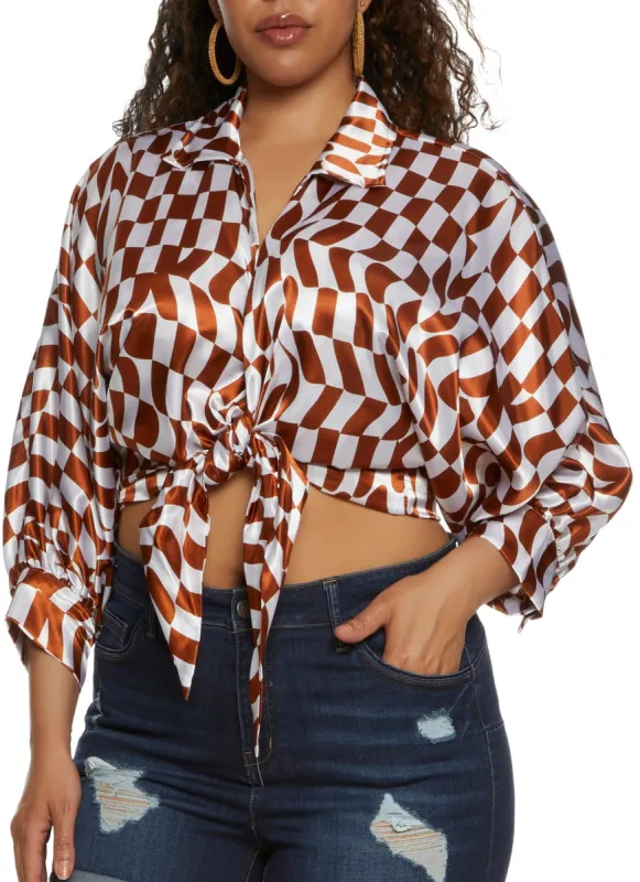 Plus Size Printed Satin Tie Front Blouse sold by Rainbow