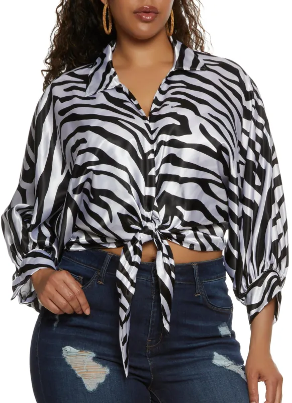Plus Size Printed Satin Tie Front Blouse sold by Rainbow