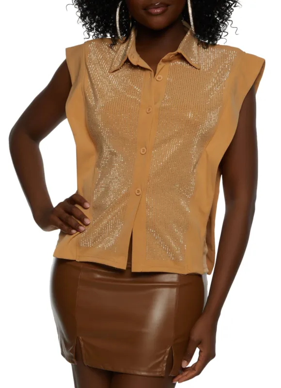 Rhinestone Studded Sleeveless Button Front Top sold by Rainbow