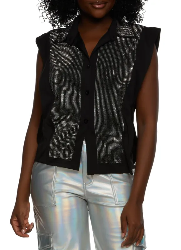 Rhinestone Studded Sleeveless Button Front Top sold by Rainbow