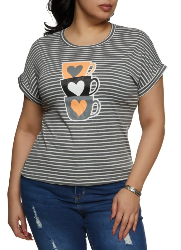 Plus Size Heart Mug Graphic Striped Tee sold by Rainbow