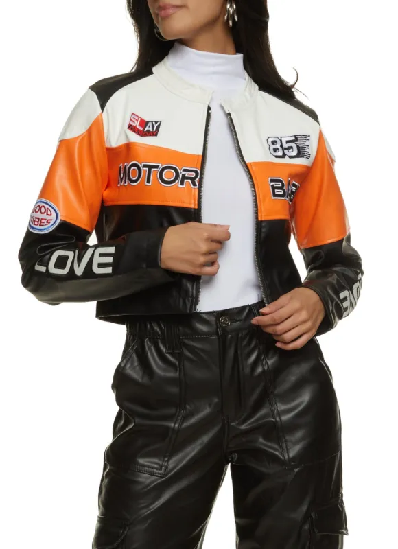 Faux Leather Motor Babe Graphic Moto Jacket sold by Rainbow