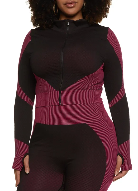 Plus Size Seamless Striped Detail Waffle Knit Track Jacket sold by Rainbow