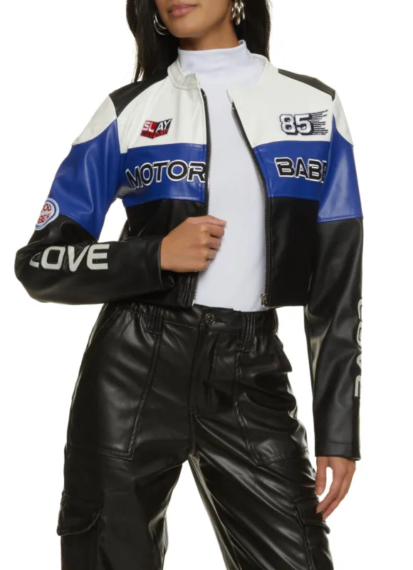 Faux Leather Motor Babe Graphic Moto Jacket sold by Rainbow