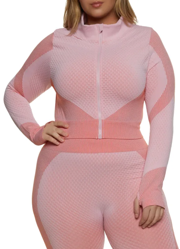 Plus Size Seamless Striped Detail Waffle Knit Track Jacket sold by Rainbow