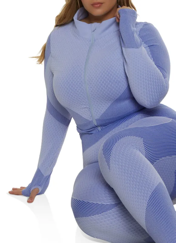 Plus Size Seamless Striped Detail Waffle Knit Track Jacket sold by Rainbow