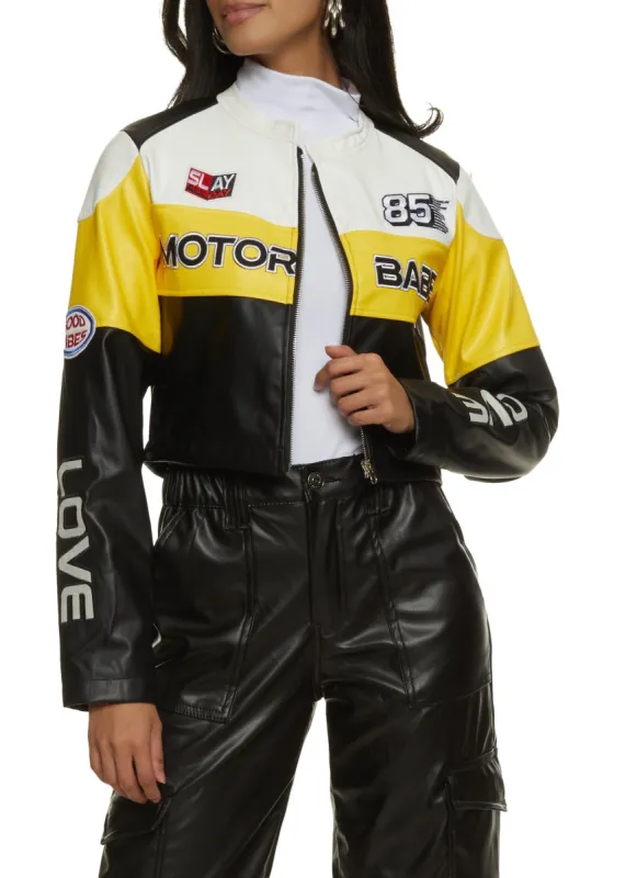 Faux Leather Motor Babe Graphic Moto Jacket sold by Rainbow