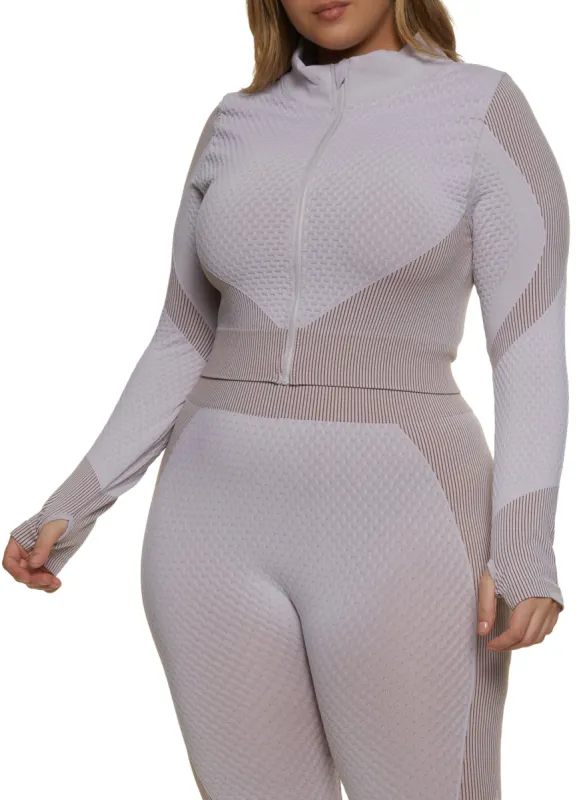 Plus Size Seamless Striped Detail Waffle Knit Track Jacket sold by Rainbow