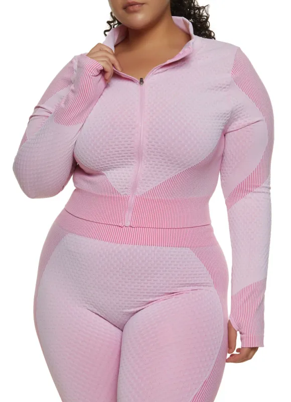 Plus Size Seamless Striped Detail Waffle Knit Track Jacket sold by Rainbow