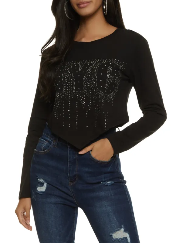 NYC Rhinestone Long Sleeve Crop Top made by Rainbow