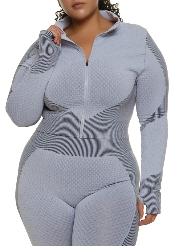 Plus Size Seamless Striped Detail Waffle Knit Track Jacket sold by Rainbow