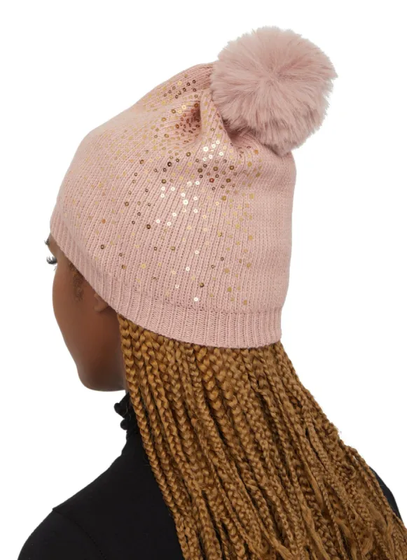 Sequin Faux Fur Pom Pom Beanie sold by Rainbow