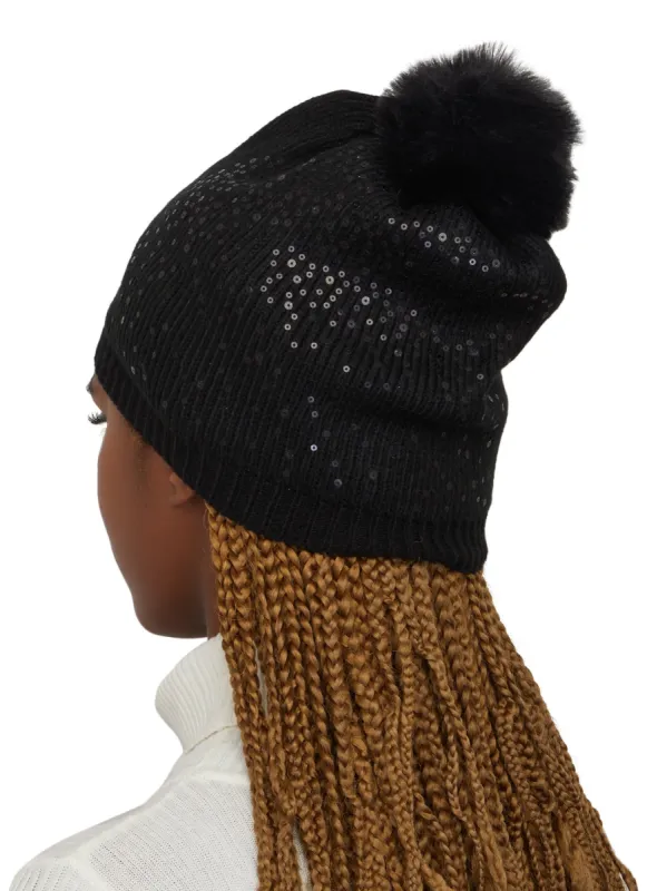 Sequin Faux Fur Pom Pom Beanie sold by Rainbow