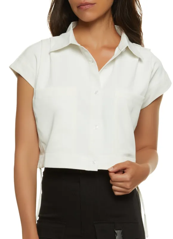 Drawstring Waist Button Front Cropped Shirt sold by Rainbow