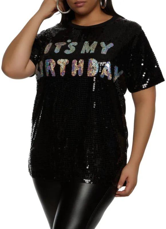 Plus Size Its My Birthday Sequin Graphic Tee sold by Rainbow