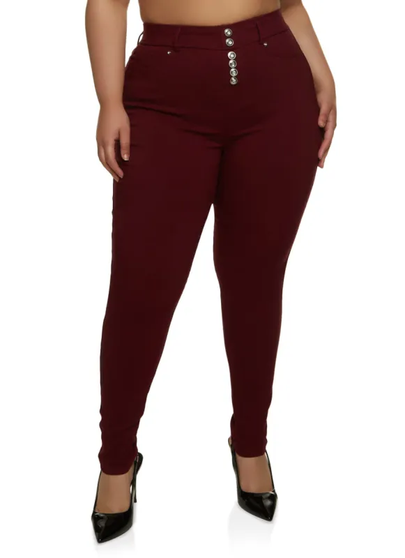 Plus Size Stretch Rhinestone Faux Button Pants sold by Rainbow