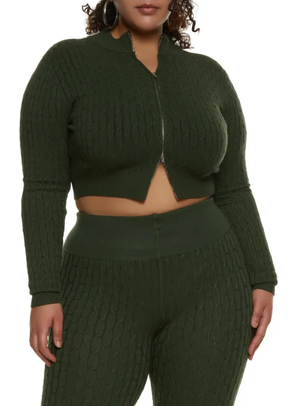 Plus Size Cable Knit Zip Front Cropped Sweater made by Rainbow