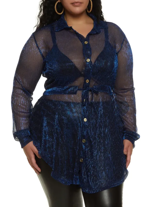 Plus Size Sheer Lurex Button Down Long Sleeve Shirt sold by Rainbow