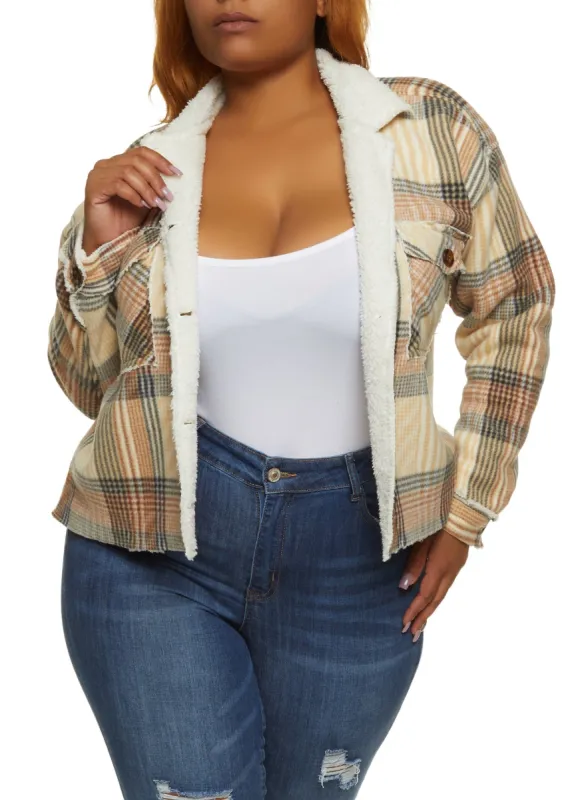 Plus Size Plaid Brushed Knit Sherpa Lined Shacket sold by Rainbow