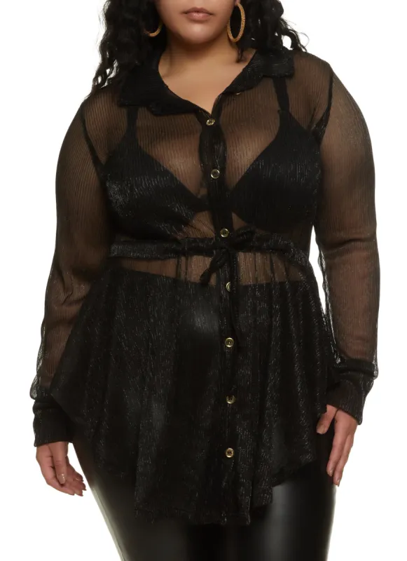 Plus Size Sheer Lurex Button Down Long Sleeve Shirt sold by Rainbow