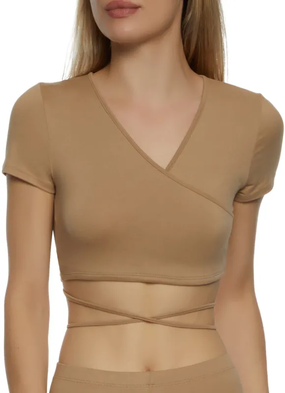 Criss Cross Tie Back Faux Wrap Crop Top sold by Rainbow