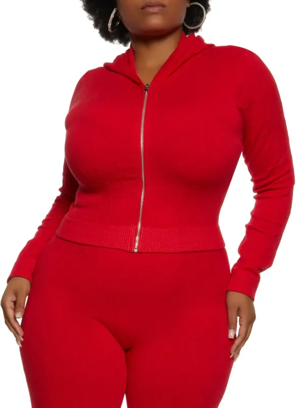Plus Size Seamless Cable Knit Zip Front Hoodie sold by Rainbow