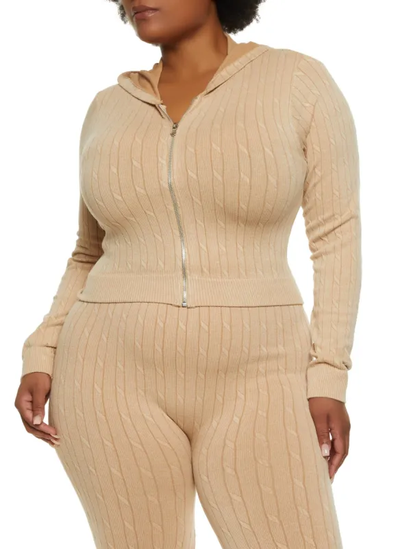 Plus Size Seamless Cable Knit Zip Front Hoodie sold by Rainbow
